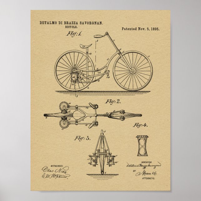 1895 Chainless Bicycle Design Patent Art Print (Front)