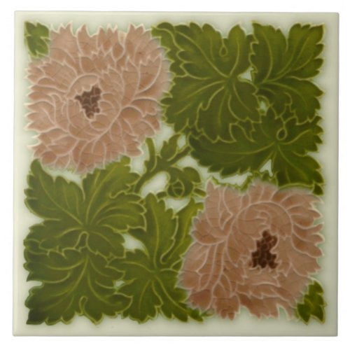 1896 Minton Peony Pink  Green Majolica Tile Repro