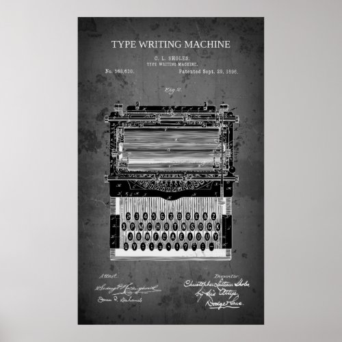 1896 TYPE WRITING MACHINE PATENT POSTER