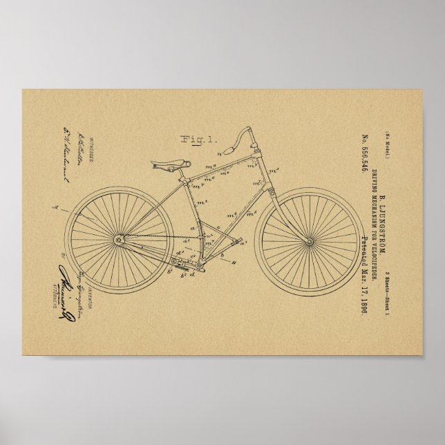 1896 Vintage Bicycle Velocipede Patent Art Print (Front)