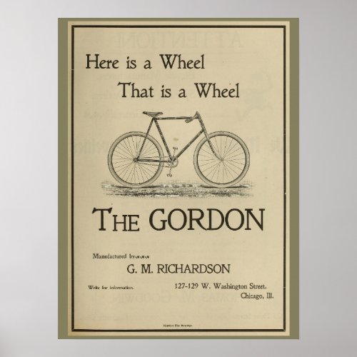 1896 Vintage Gordon Bicycle Ad Art Poster