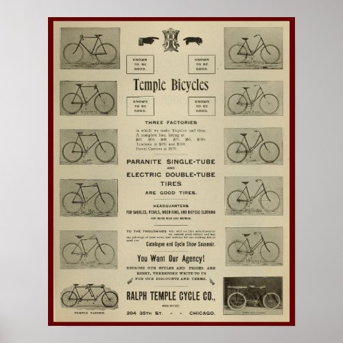 1896 Vintage Temple Bicycles Ad Art Poster