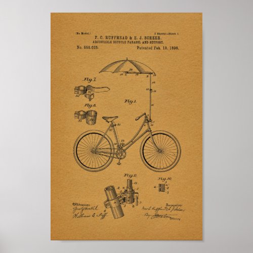 1896 Vintage Umbrella Bicycle Patent Art Print