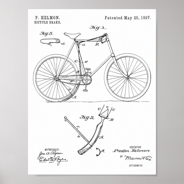 1897 Bicycle Brake Patent Art Drawing Print (Front)