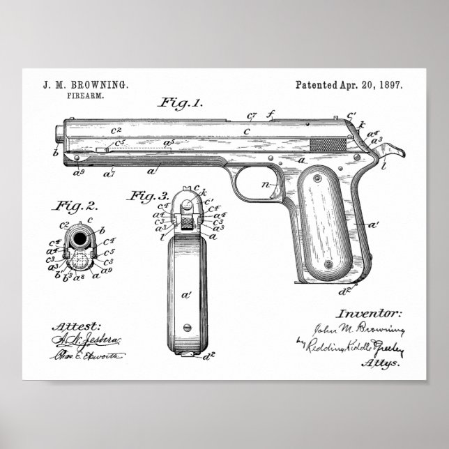 1897 Browning Gun Patent Art Drawing Print (Front)