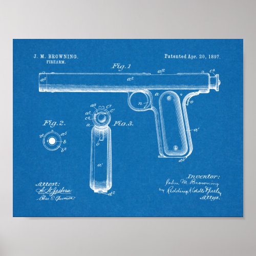 1897 Browning Gun Patent Art Drawing Print