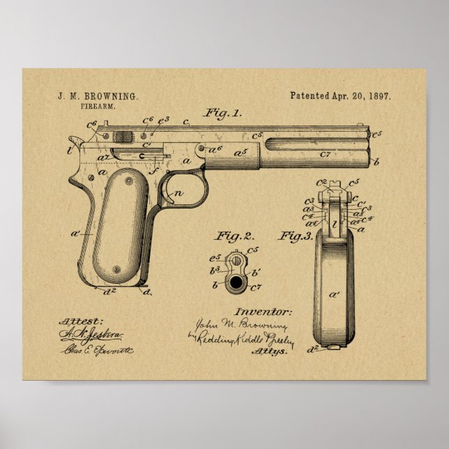 1897 Browning Gun Patent Art Drawing Print (Front)
