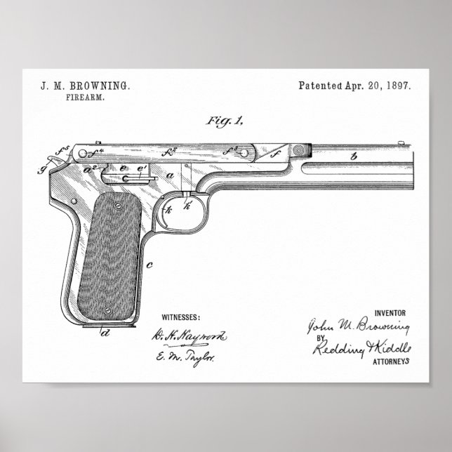 1897 Browning Gun Patent Art Drawing Print (Front)