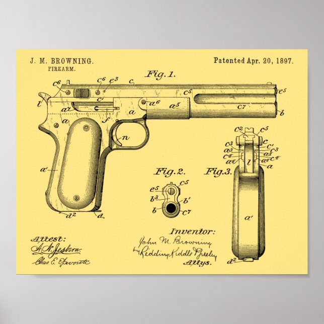 1897 Browning Gun Patent Art Drawing Print (Front)