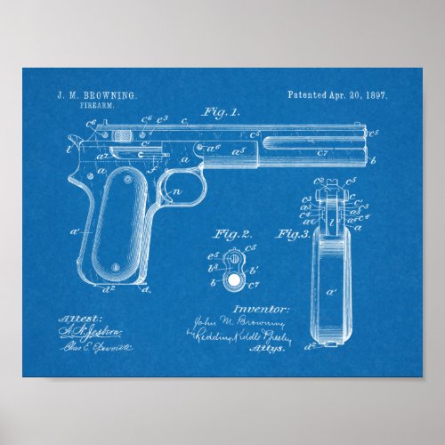 1897 Browning Gun Patent Art Drawing Print