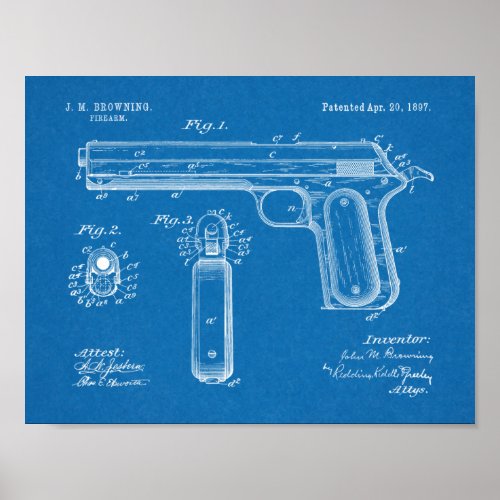 1897 Browning Gun Patent Art Drawing Print