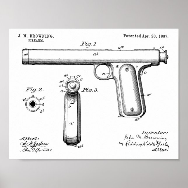 1897 Browning Gun Patent Art Drawing Print (Front)