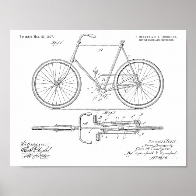 1897 Chainless Bicycle Patent Art Drawing Print (Front)