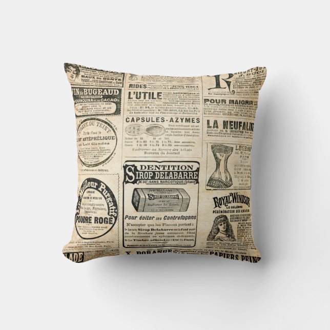 1897 French Newspaper Advertisement Throw Pillow (Front)