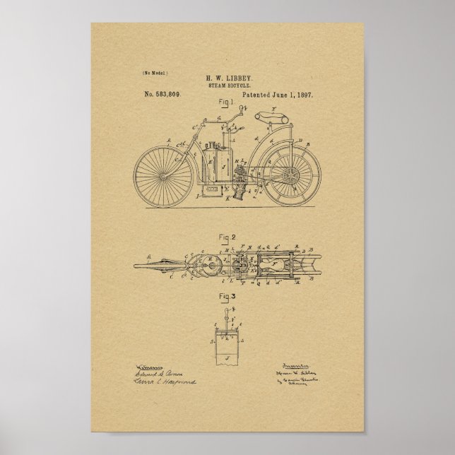 1897 Vintage Steam Bicycle Patent Art Print (Front)