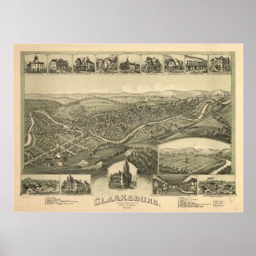 1898 Clarksburg WV Birds Eye Panoramic Map Poster