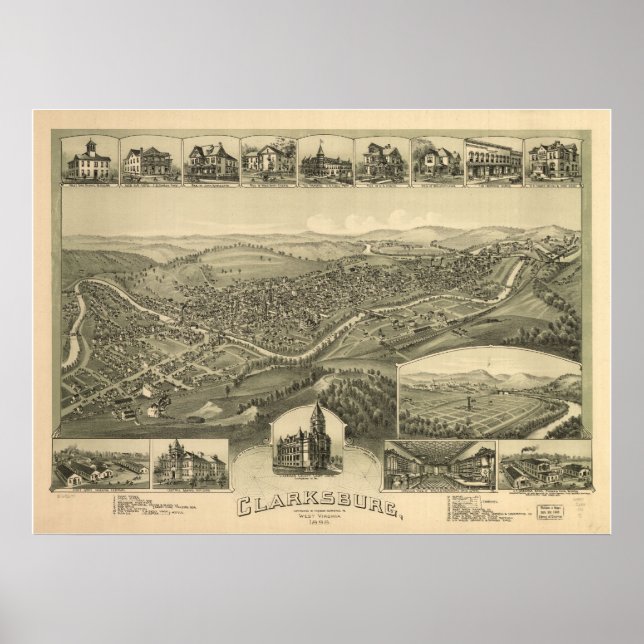 1898 Clarksburg, WV Bird's Eye Panoramic Map Poster (Front)