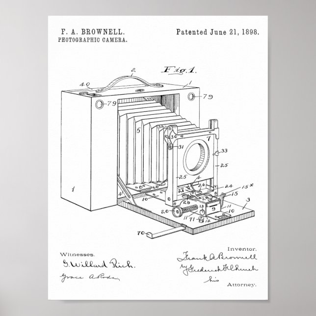1898 Folding Camera Patent Art Drawing Print (Front)