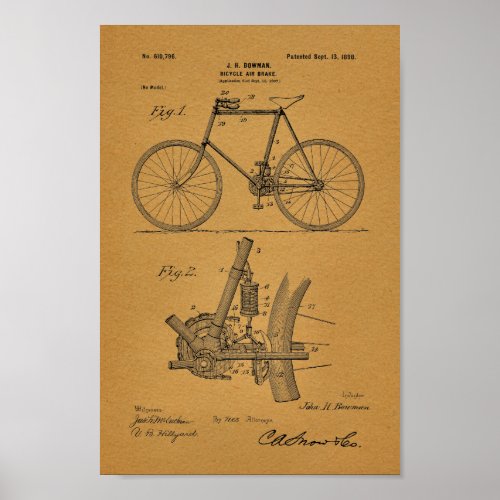 1898 Vintage Bicycle Air Brake Patent Art Print