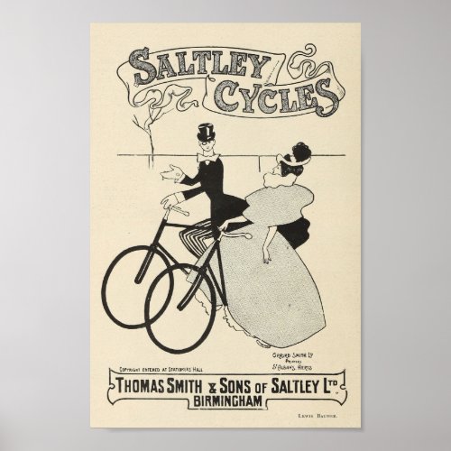 1898 Vintage Bicycle Saltley Cycles Ad Art Poster