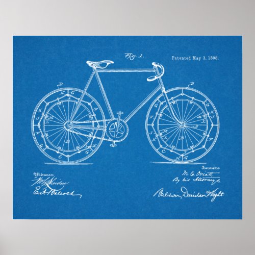 1898 Vintage Bicycle Wheel Patent Blueprint Art Poster