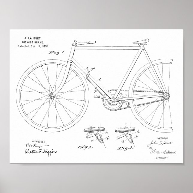 1899 Bicycle Brake Patent Art Drawing Print (Front)