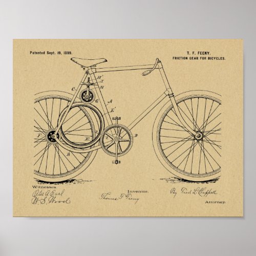 1899 Bicycle Gear Patent Art Drawing Print