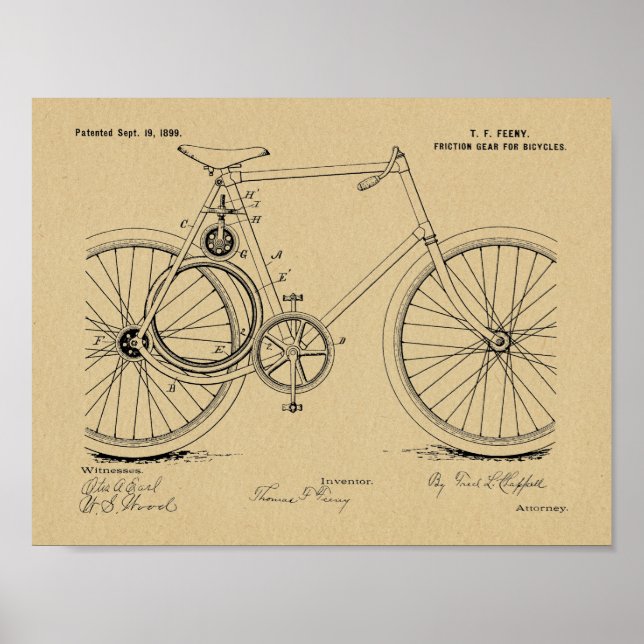1899 Bicycle Gear Patent Art Drawing Print (Front)