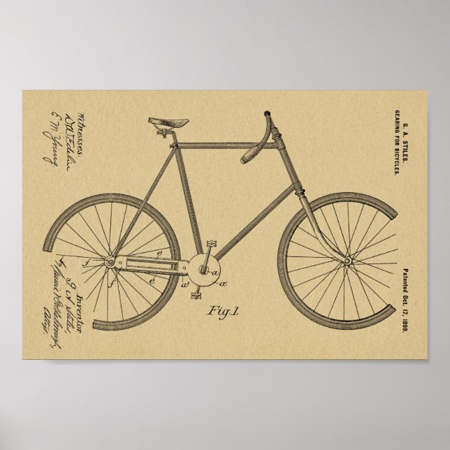 1899 Bicycle Gearing Patent Art Drawing Print (Front)