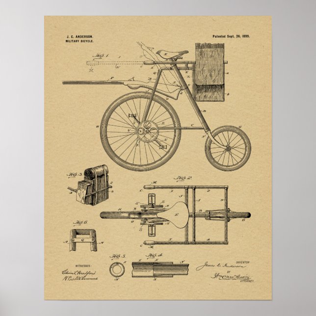 1899 Military Bicycle Patent Art Drawing Print (Front)