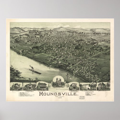 1899 Moundsville WV Birds Eye View Panoramic Map Poster