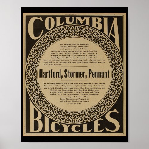 1899 Vintage Columbia Bicycles Ad Art Poster
