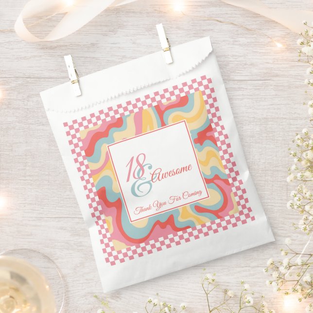 18 and Awesome Pink Groovy Check Birthday  Favor Bag (Clipped)