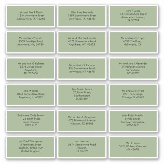 18 Individual Guest Names Addresses Sage Green Sticker (Front)