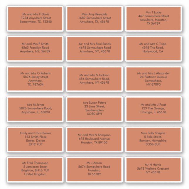 18 Individual Guest Names Addresses Terracotta Sticker (Front)
