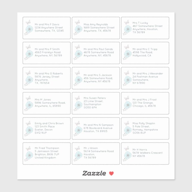 18 Individual Name Address Wedding Guest Floral Sticker (Sheet)