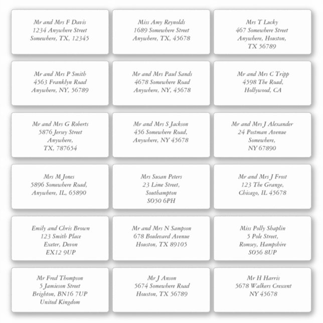 18 Individual Name Address Wedding Guest Italic Sticker (Front)