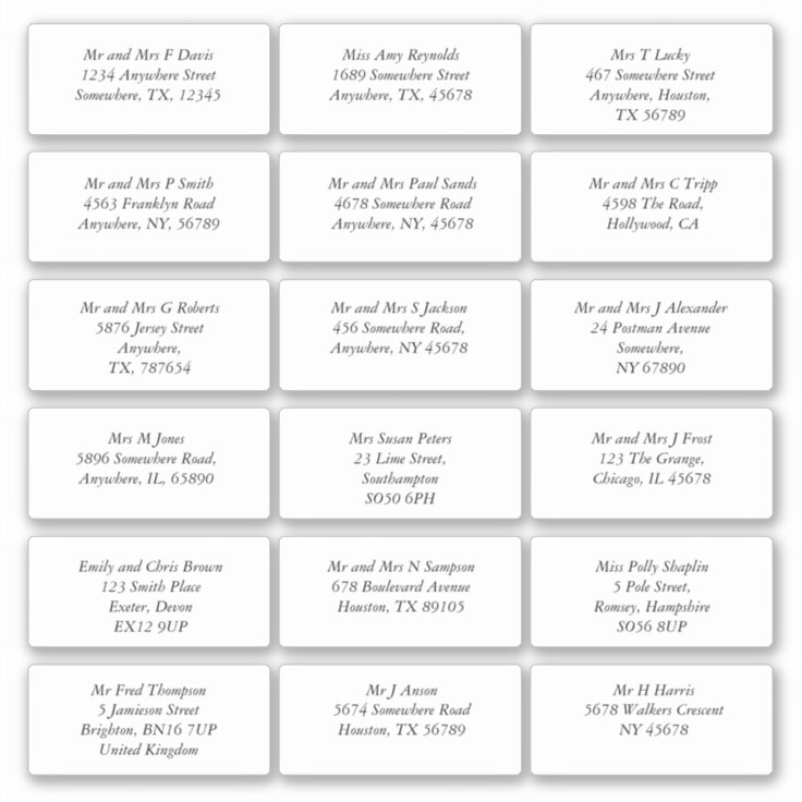 18 Individual Name Address Wedding Guest Italic Sticker | Zazzle