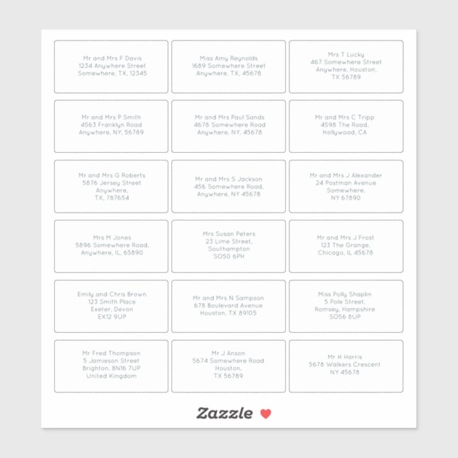 18 Individual Name Address Wedding Guest Simple Sticker (Sheet)