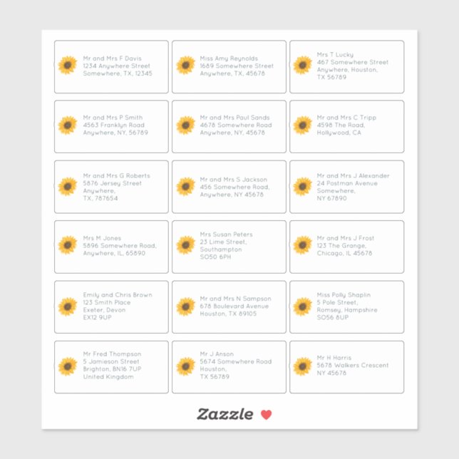 18 Individual Name Address Wedding Guest Sunflower Sticker (Sheet)