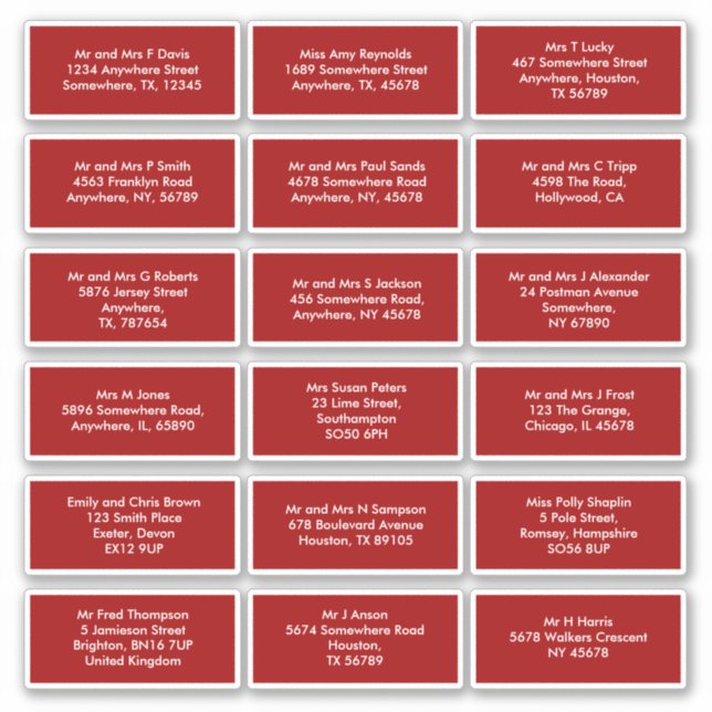 18 Individual Recipient Names Addresses Red Sticker (Front)