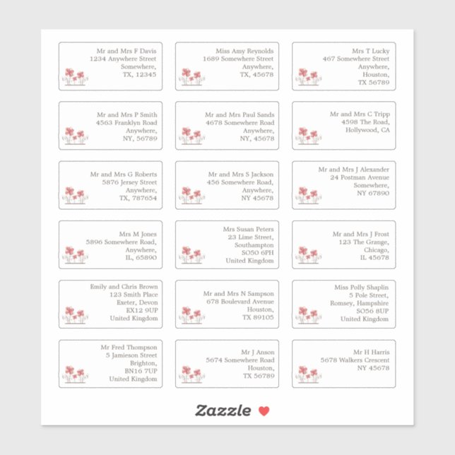 18 Individual Wedding Guest Name Addresses Florals Sticker (Sheet)