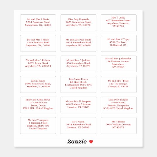 18 Individual Wedding Guest Name Addresses Red Sticker