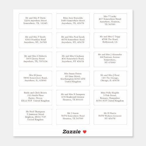 18 Individual Wedding Guest Name Addresses Sticker