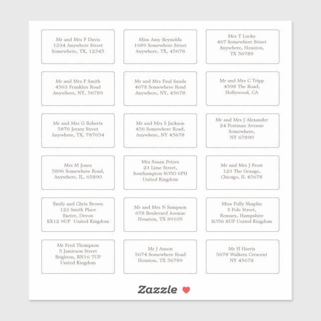 18 Individual Wedding Guest Name Addresses Sticker (Sheet)