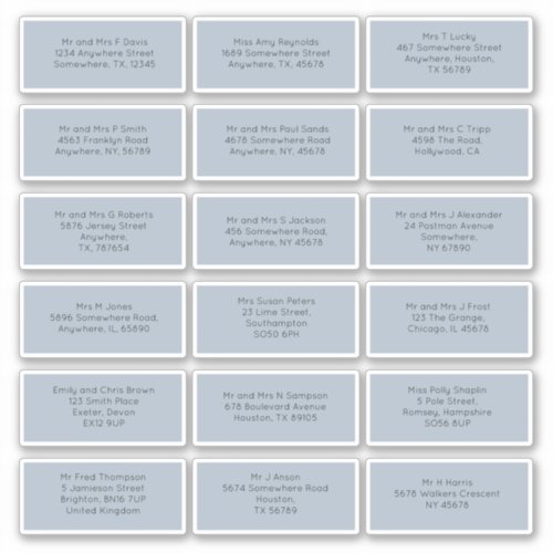 18 Individual Wedding Guest Names Addresses Blue Sticker