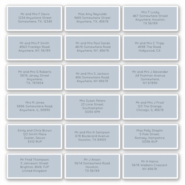 18 Individual Wedding Guest Names Addresses Blue Sticker (Front)