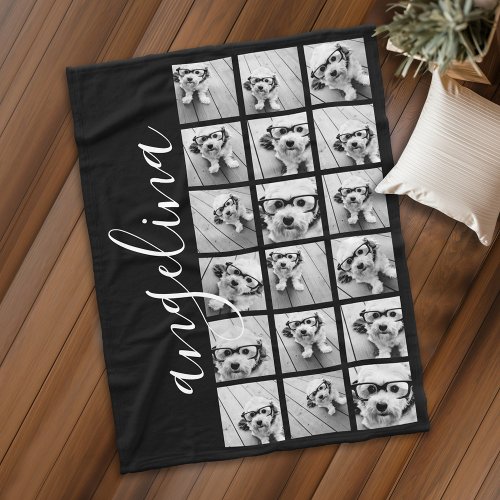 18 Photo Collage _ CAN edit black _ script name Fleece Blanket