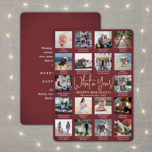 18 Photo Collage  Captions Burgundy What a Year Foil Holiday Card