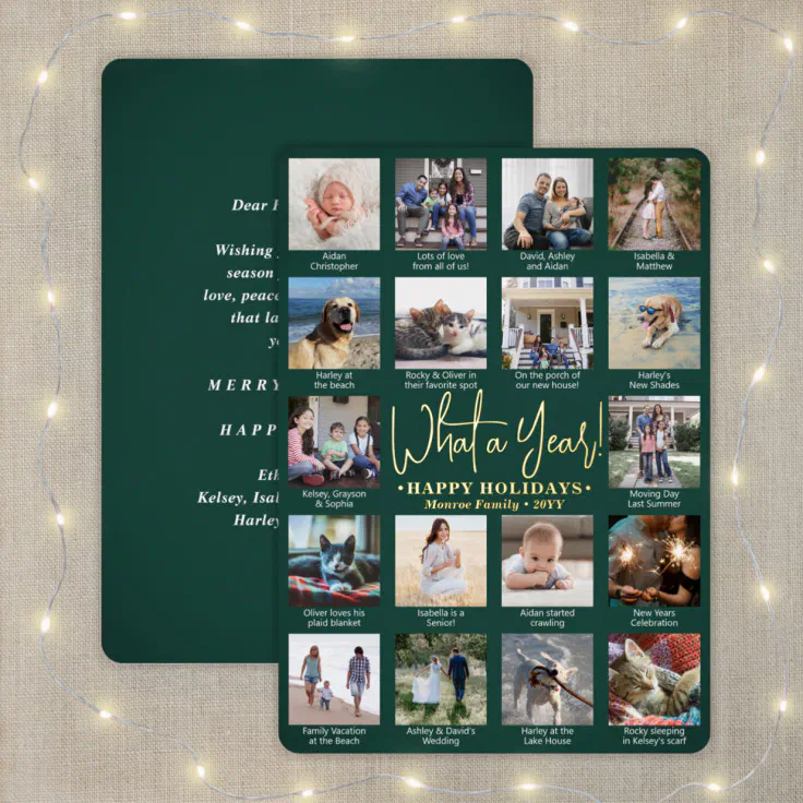 18 Photo Collage & Captions Green What a Year! Foil Holiday Card Zazzle